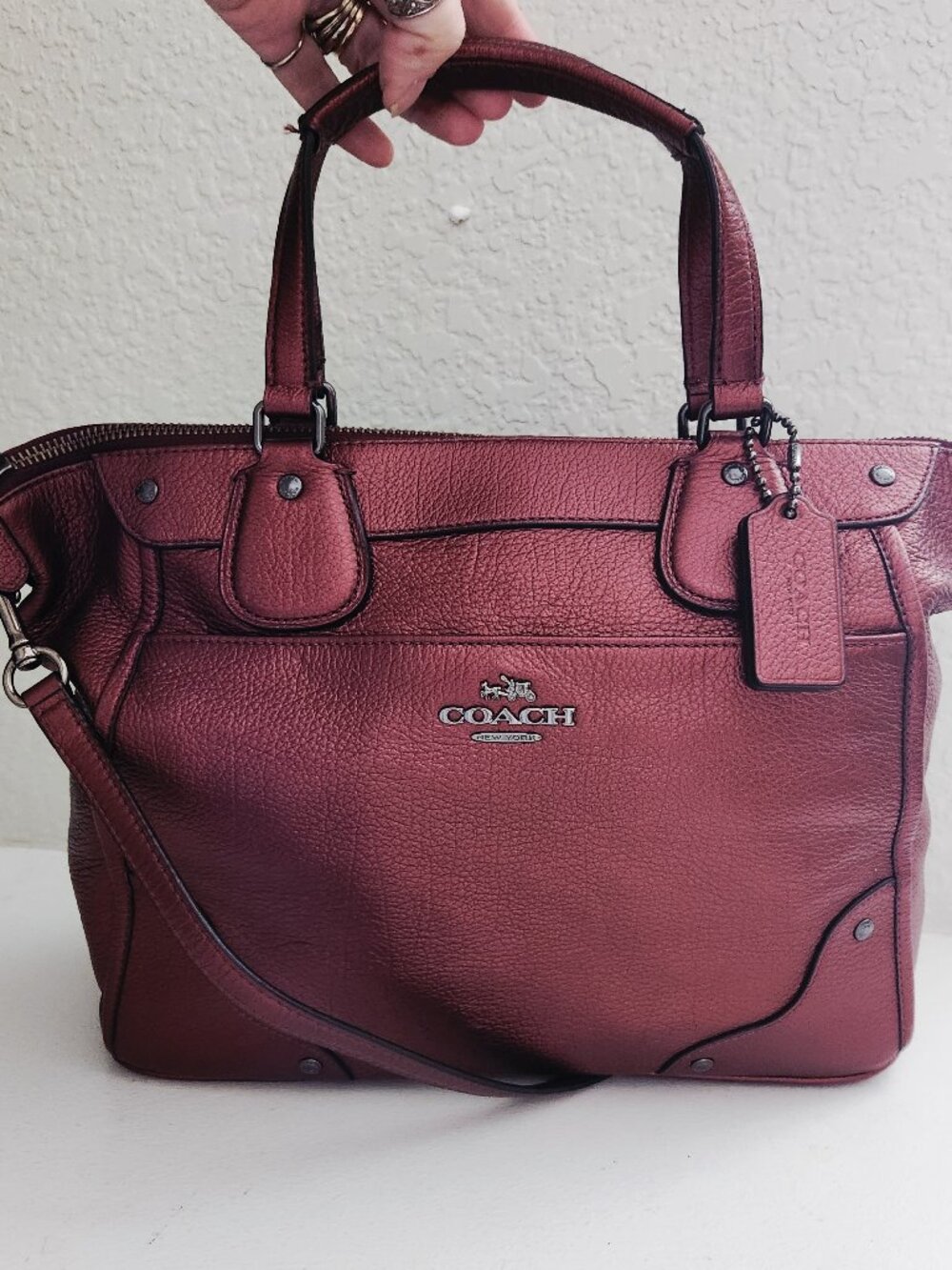 Like New Coach Mickie Metallic Berry Red Shoulder Bag Purse
